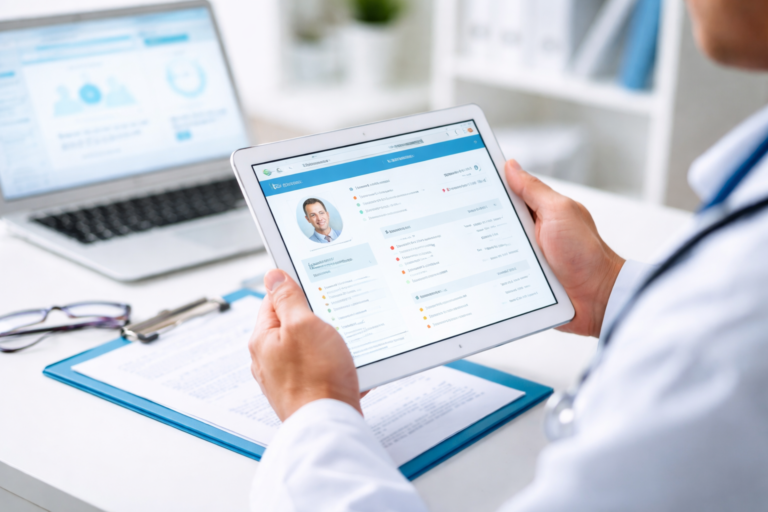 Medico consulta il fascicolo sanitario elettronico su tablet