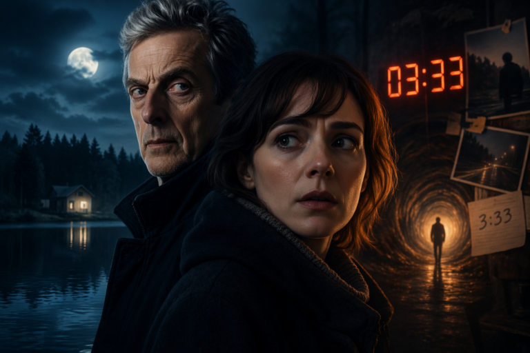 Uomo e donna in un’atmosfera thriller con orologio digitale 03:33 e tunnel luminoso ispirato a The Devil’s Hour