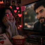 Ragazza con occhi a cuore mentre guarda un attore turco in TV, scena che rappresenta l’affezione ai personaggi delle serie
