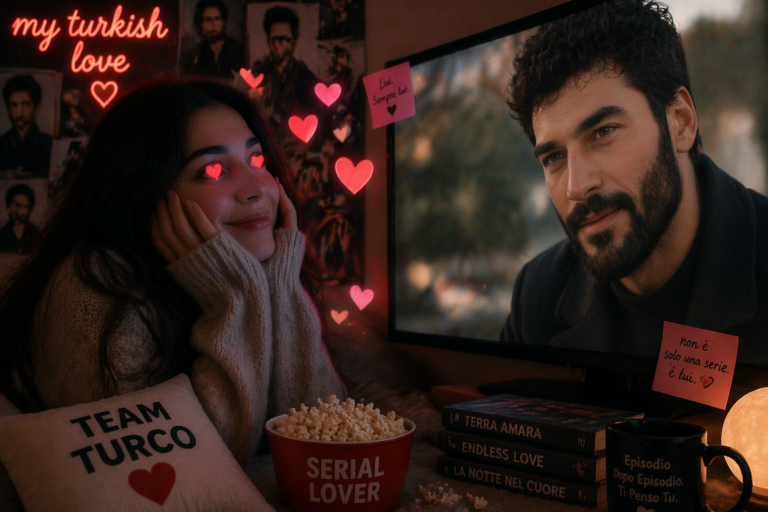 Ragazza con occhi a cuore mentre guarda un attore turco in TV, scena che rappresenta l’affezione ai personaggi delle serie