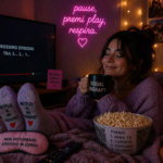 Ragazza rilassata mentre guarda una serie TV con luci soffuse e atmosfera cozy, momento di relax e stacco mentale