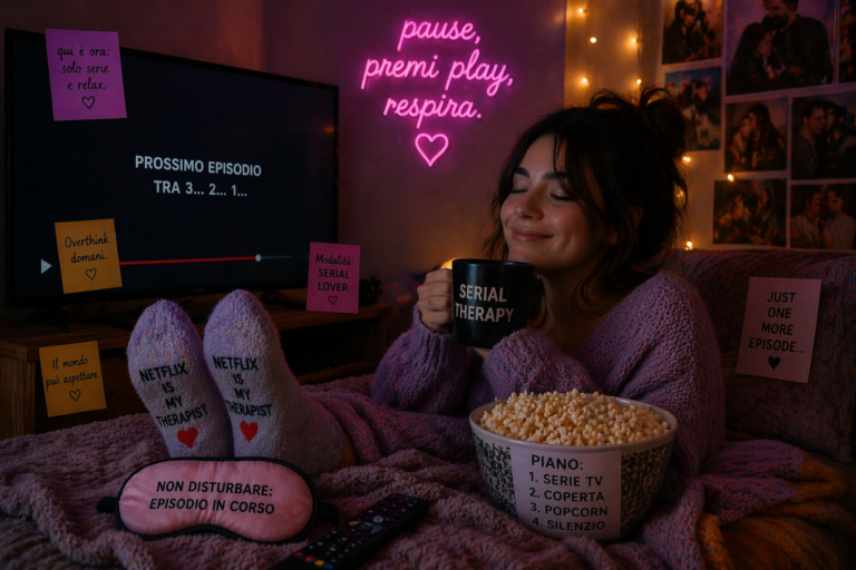 Ragazza rilassata mentre guarda una serie TV con luci soffuse e atmosfera cozy, momento di relax e stacco mentale