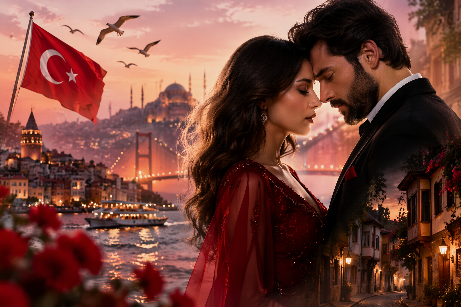 Coppia romantica davanti allo skyline di Istanbul al tramonto con bandiera turca, scena tipica delle serie turche