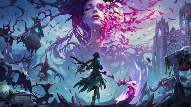 Una ragazza incappucciata con una lanterna cammina tra le rovine di una città gotica dai toni steampunk e onirici, ispirata al videogioco Koshmar: The Last Reverie.