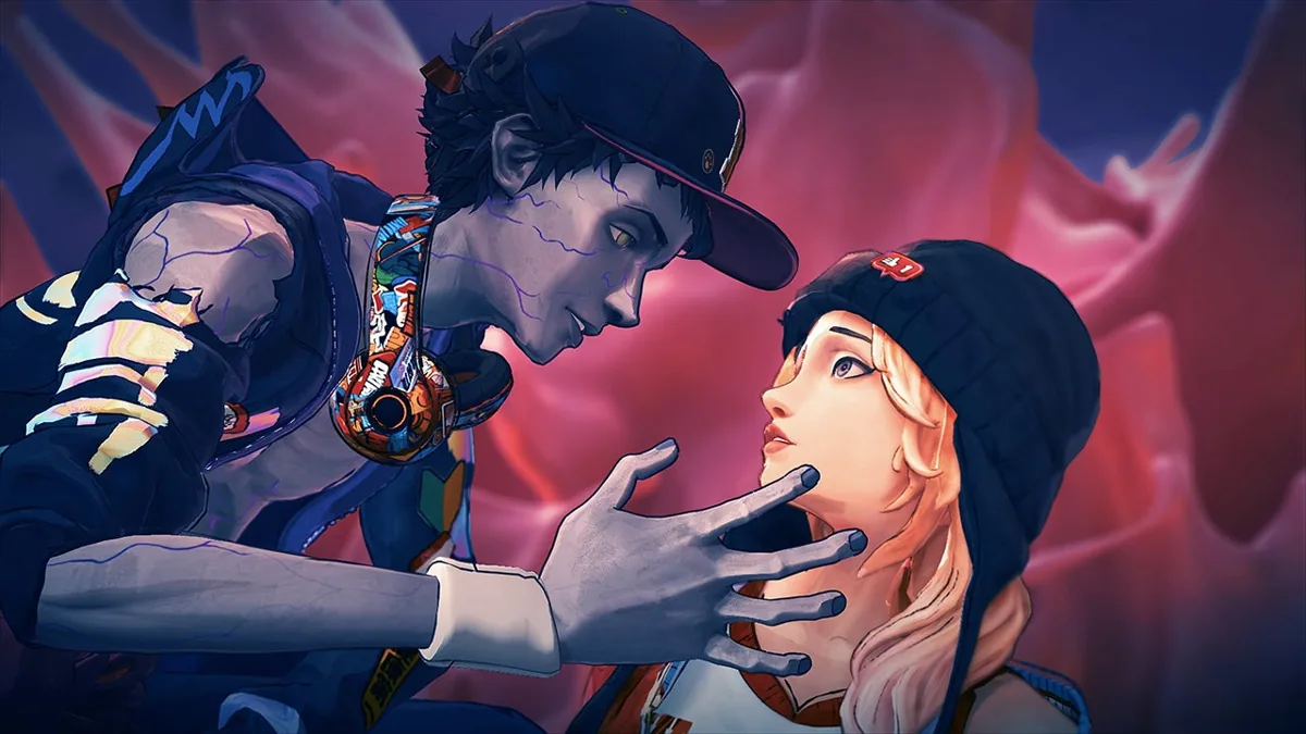 Illustrazione stilizzata di un zombie eroico che affronta mostri colorati in un dungeon dal tono psichedelico, ispirata all’action RPG Stupid Never Dies.