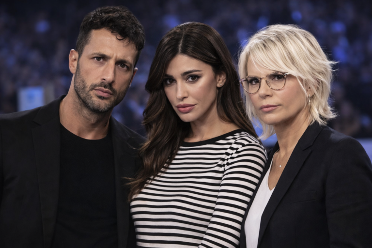 Fabrizio Corona, Belen Rodriguez e Maria De Filippi insieme in un’immagine rappresentativa del gossip televisivo