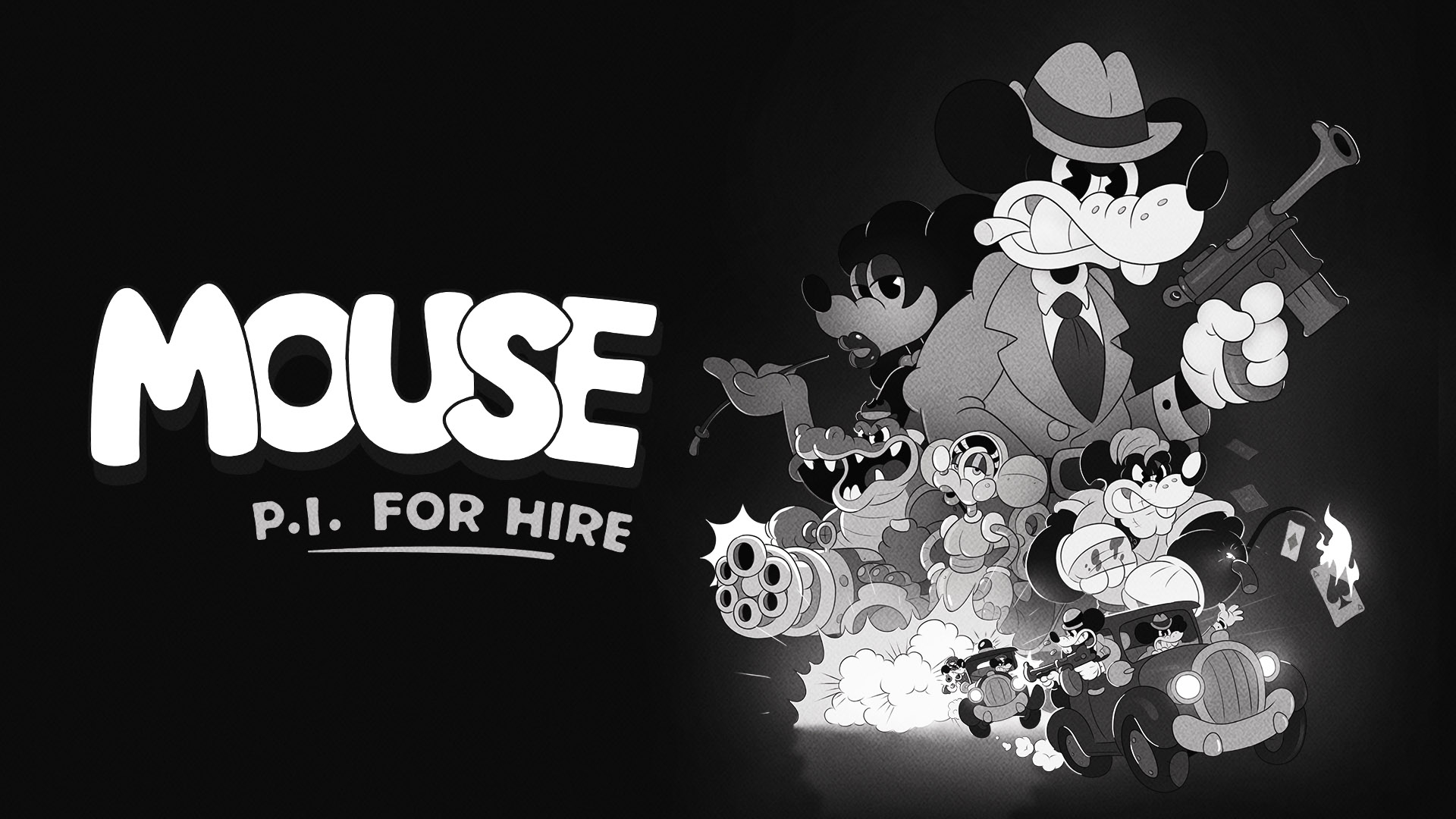 Mouse P.I. For Hire key art con detective topo in stile noir anni 30