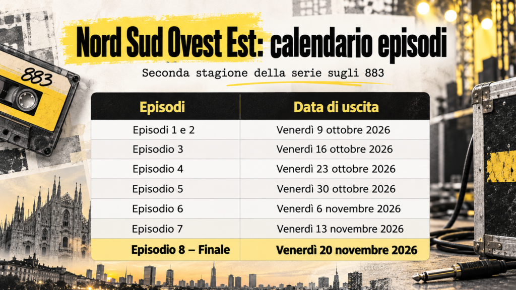 Nord Sud Ovest Est, quando escono gli episodi? Il calendario completo della serie sugli 883 1 Nord Sud Ovest Est, quando escono gli episodi? Il calendario completo della serie sugli 883